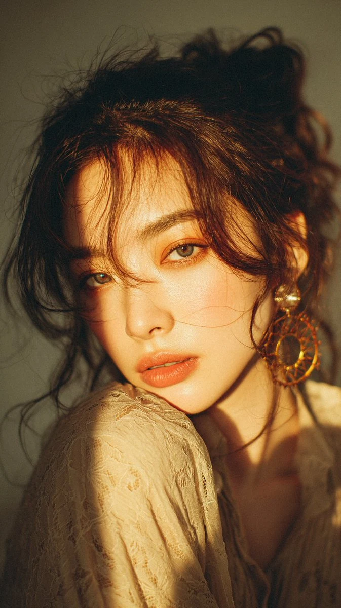 金色时刻下的复古蕾丝少女特写