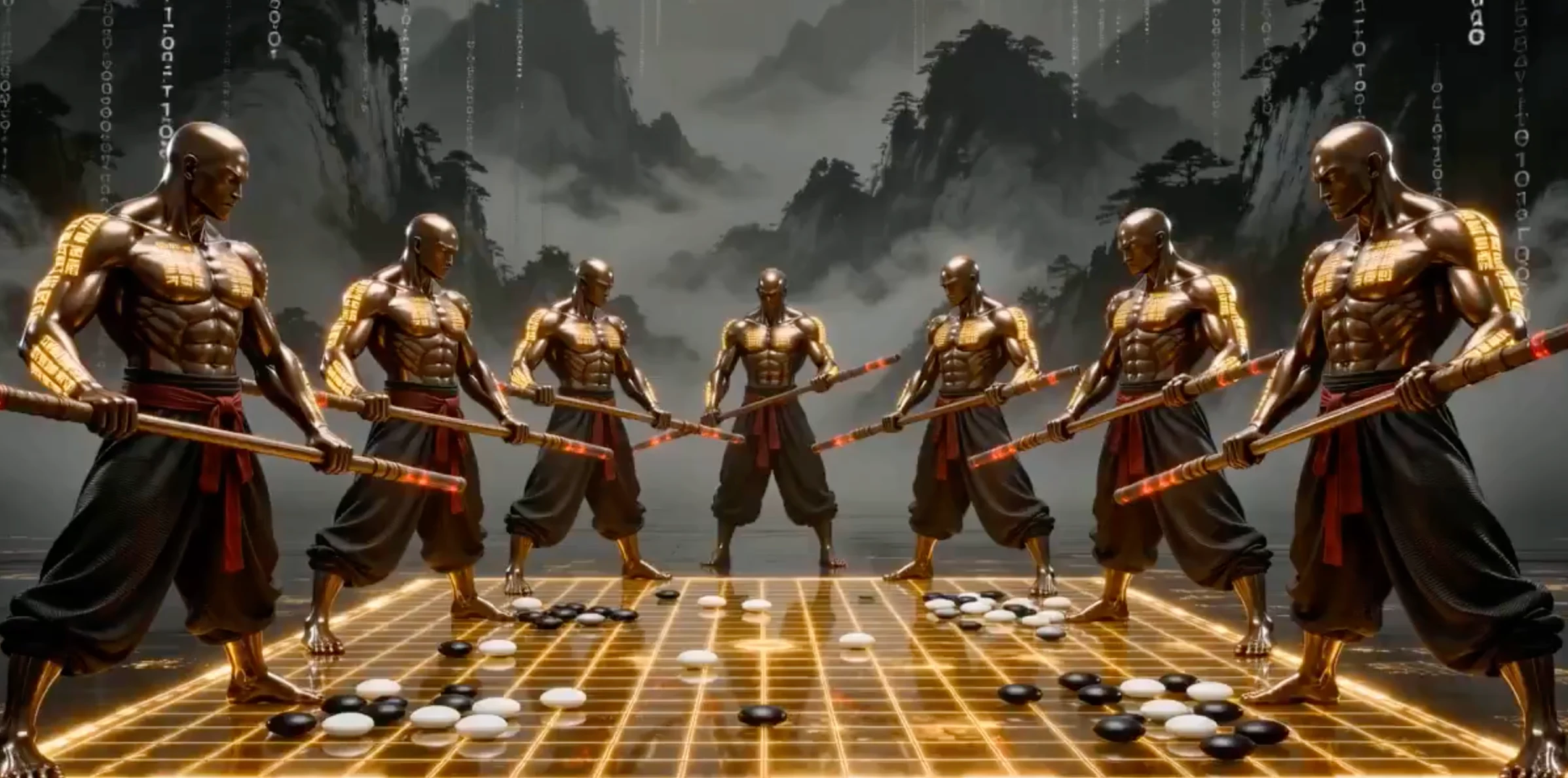 Cyber Shaolin : des figures en bronze livrent une bataille féroce contre un dragon en peinture à l'encre holographique.