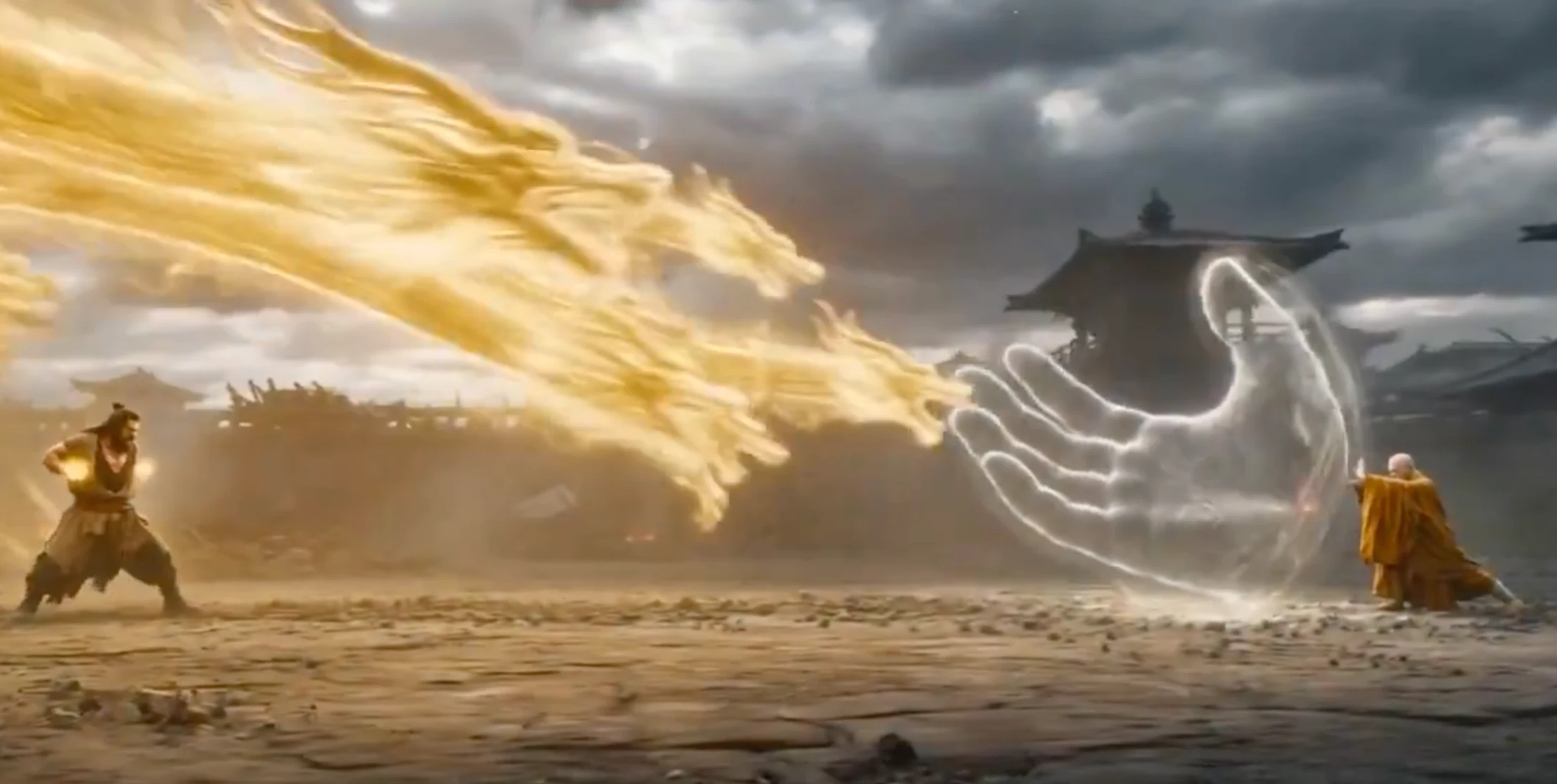 L'épopée mystique du dragon or sauvage écrasant la gigantesque main du vide.