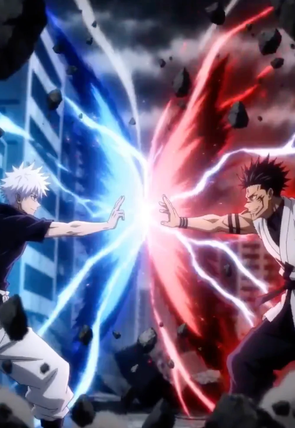 La collision des énergies rouges et bleues déclenche une explosion sur le champ de bataille en ruines.