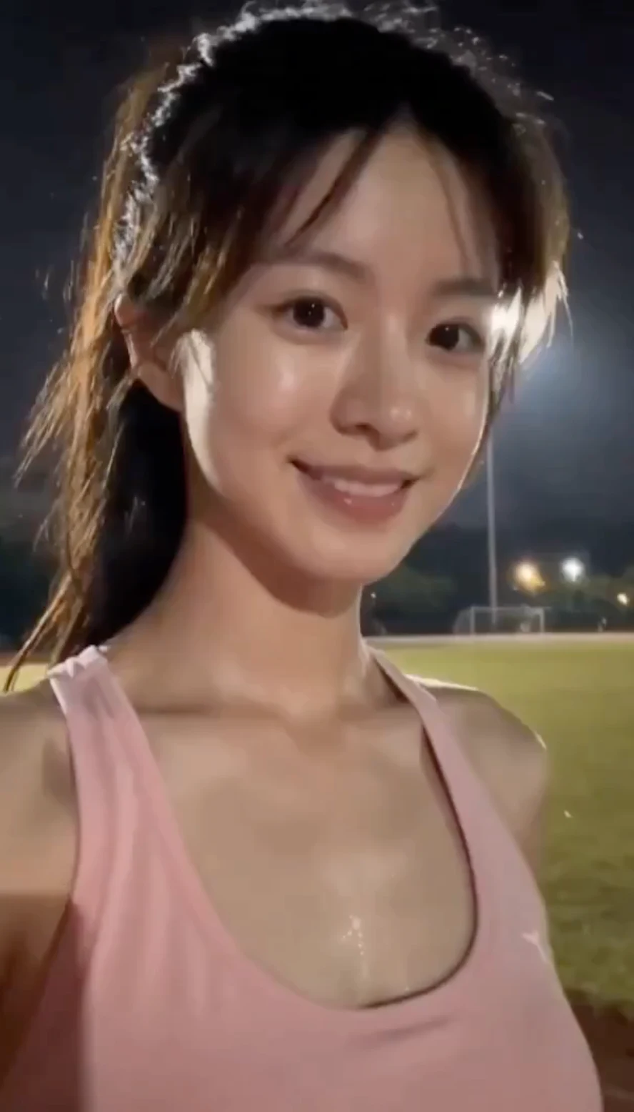 في ليل المدرسة، تلتقط الفتاة ذات الملابس الوردية تصويرًا ذاتيًا نشيطًا طازجًا.