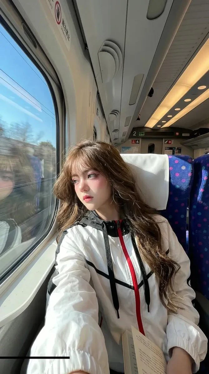 阳光高铁上的帅气亚洲青年写实自拍