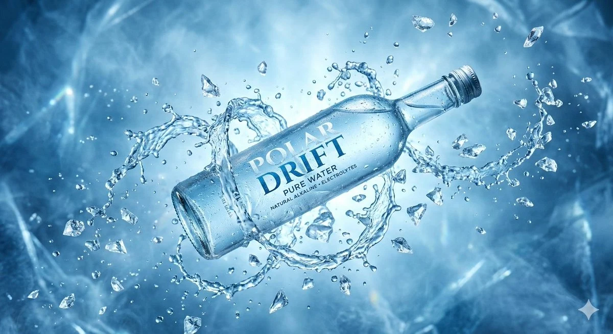 极地纯净水瓶悬浮于冰蓝空间