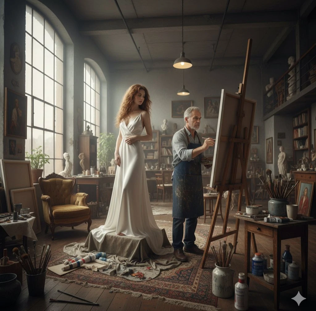 画家为红发模特画像的复古艺术工作室