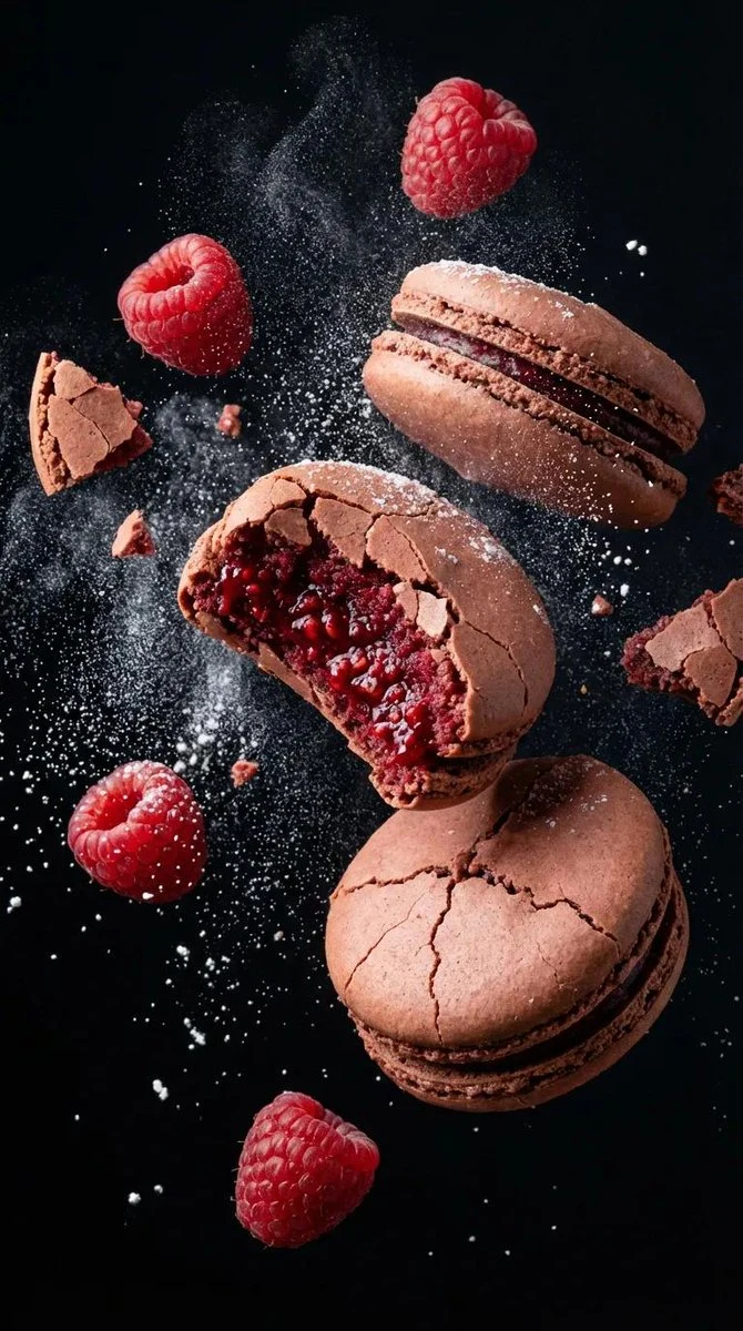 超写实悬浮马卡龙与浆果微距摄影