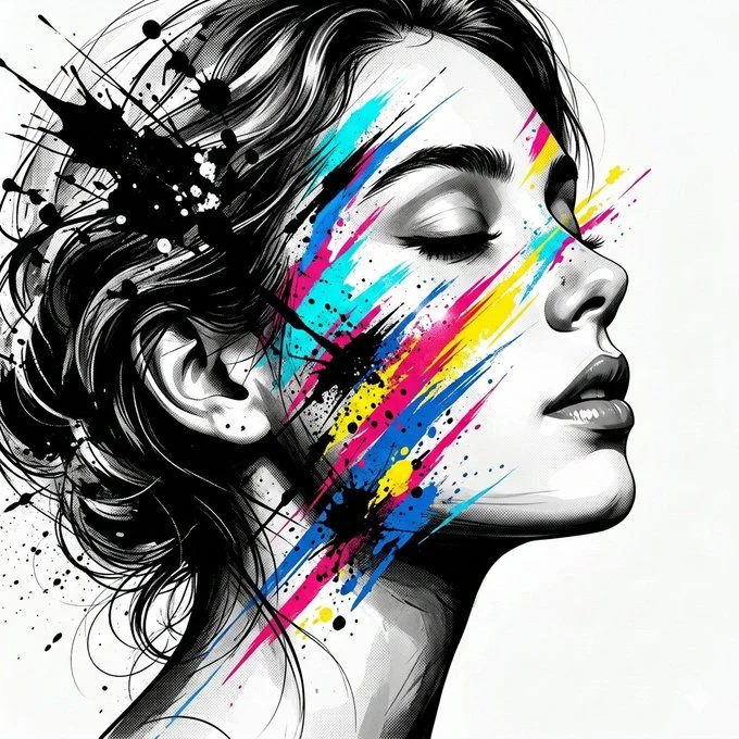 黒白の光と影の下で、コントラストカラーと泼墨(ポモ)技法を用いた女性芸術ポートレート