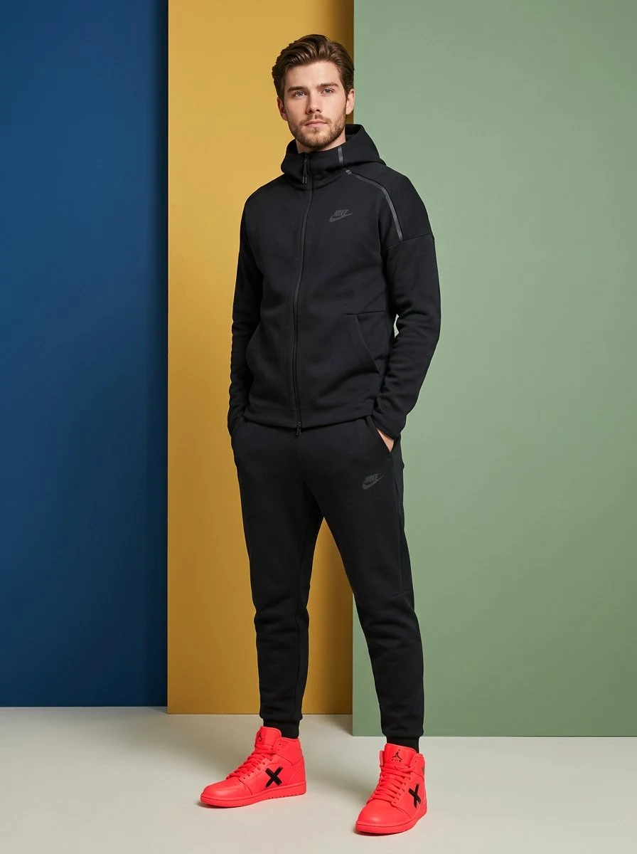 Матовая черная одежда Найк и неоновые кроссовки в модной фотосессии