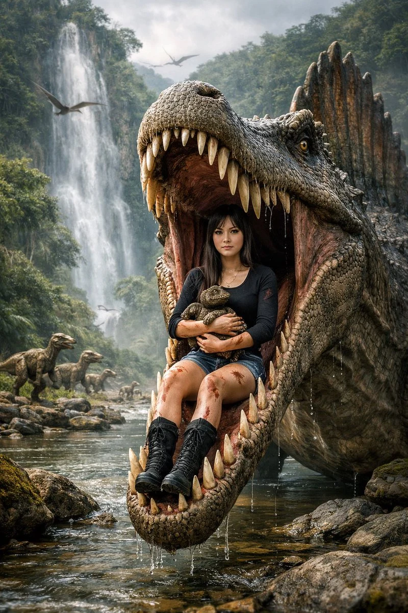 The Chic and Fierce Girl in the Massive Jaws of Spinosaurus and the Prehistoric Wonder
