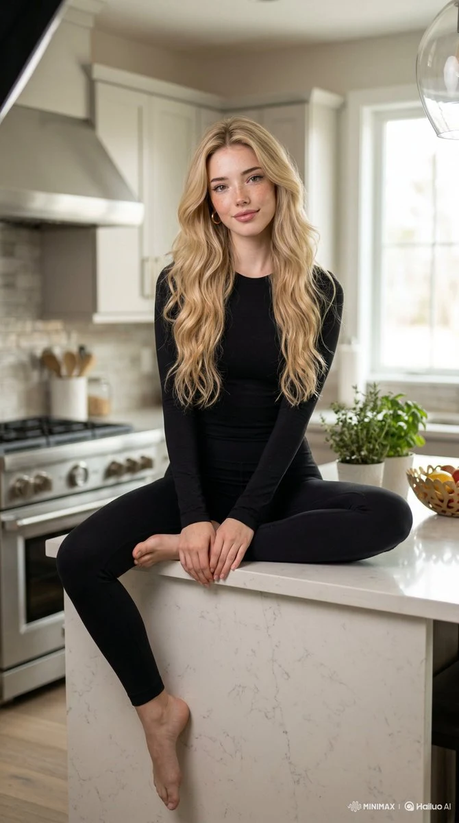 モダンで豪華なキッチンに立つ金髪で驚くほど美しいモデル