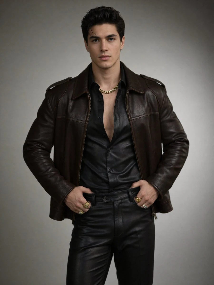 映画のような質感のハイファッション男モデルレザージャケットフォトショット