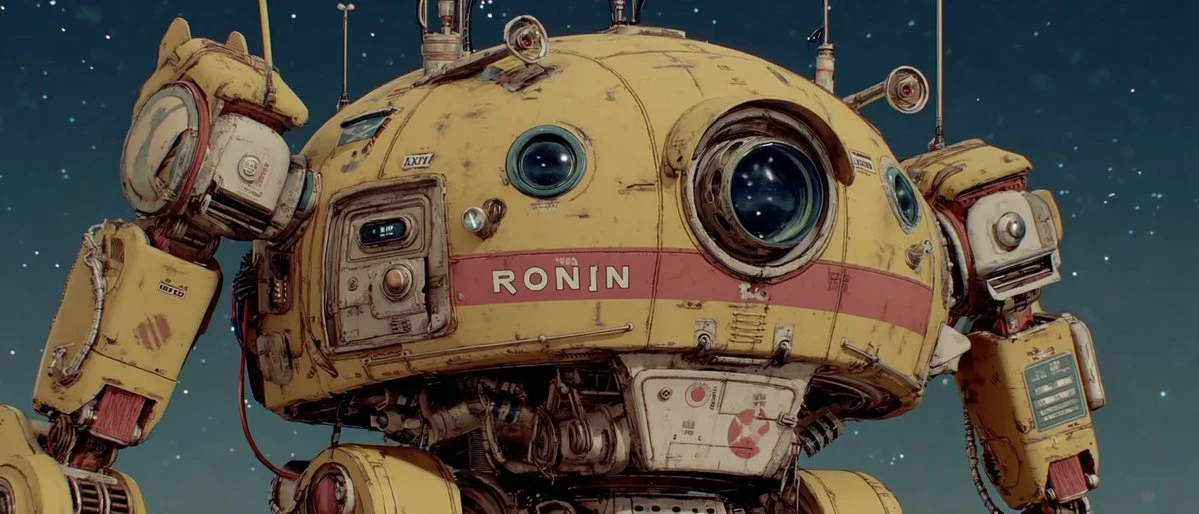 深宇宙星雲の下にあるRONIN黄色の偵察ロボット