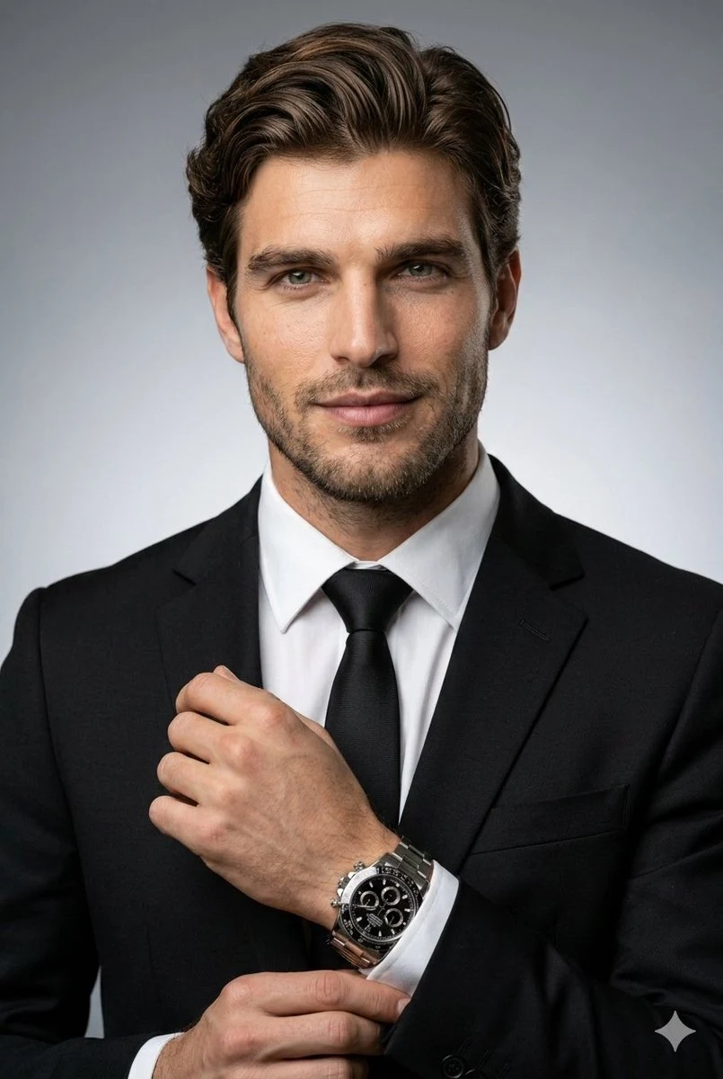 الخبراء في مكان العمل تحت ضوء وظل مثاليين: ساعات فاخرة وملابس رسمية مخصصة