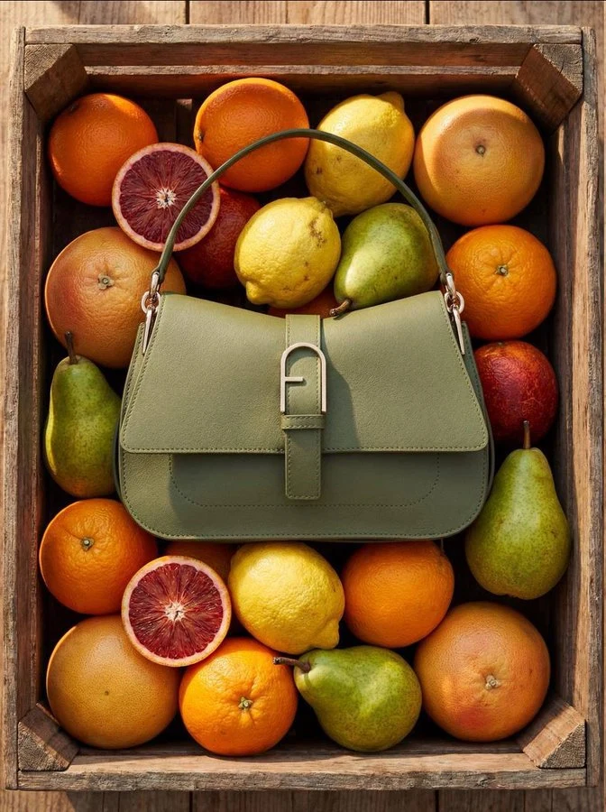 清新柑橘映衬下的高级感皮包摄影