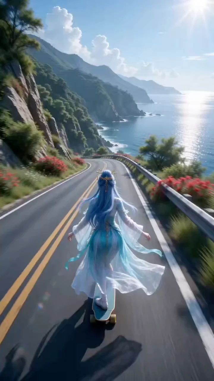 极致广角下的山海滑板疾驰