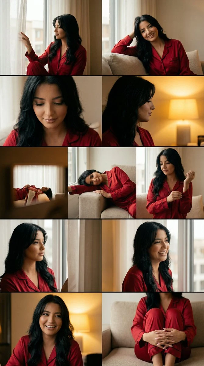 优雅红丝绸睡衣女子的温馨居家九宫格