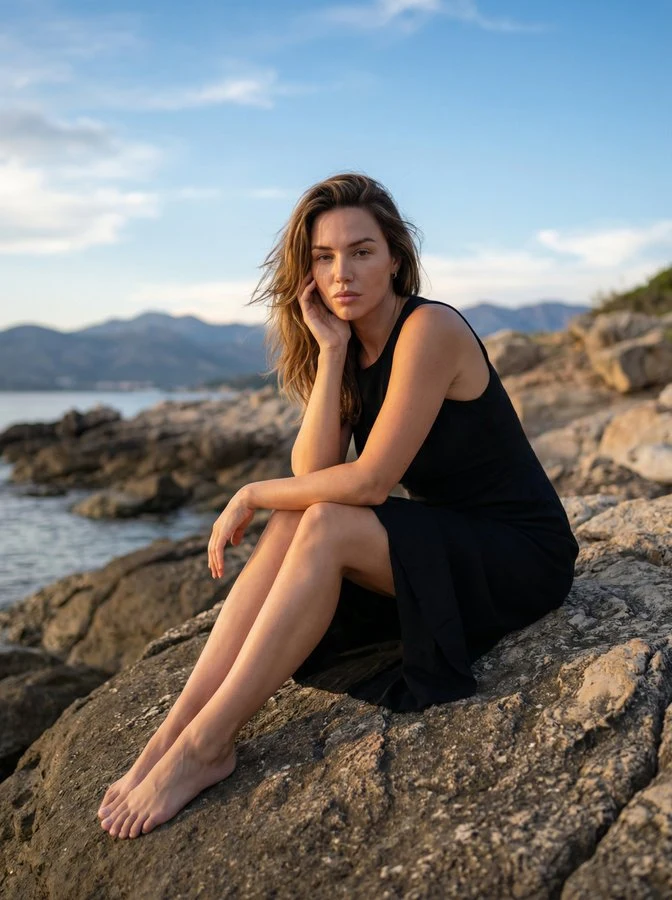 Реалистичная фотография девушки в чёрном платье на скалах у берега на фоне заката.