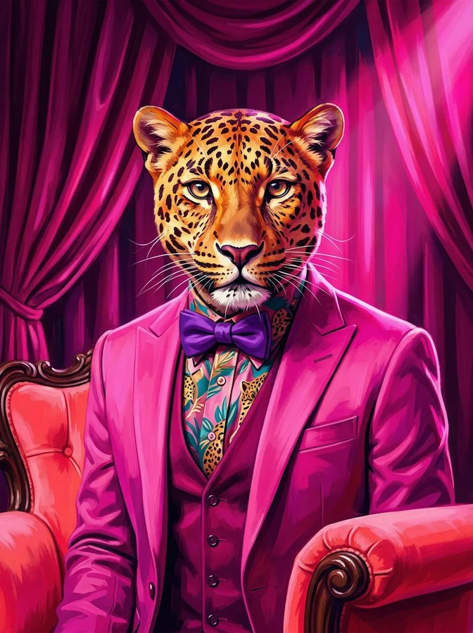 洋红色光影下的粉色西装豹绅士