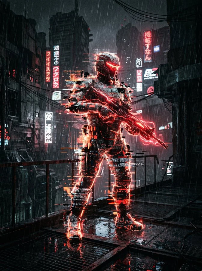 Guerrier holographique dans les ruines cyberpunk