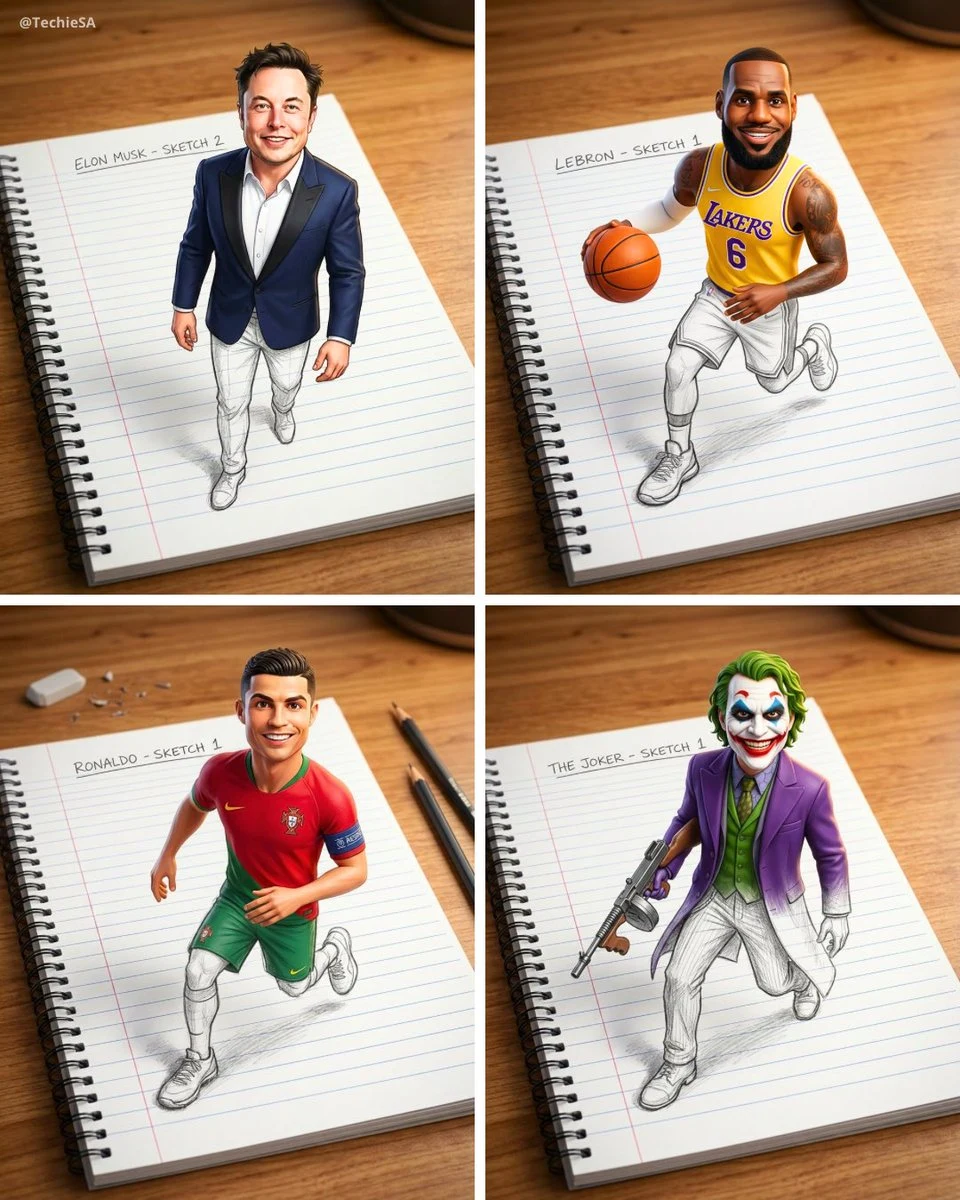 真实人物从笔记本素描中跃出的3D幻觉