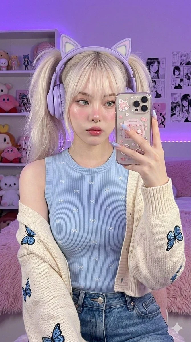 在绝美紫色灯光下的可爱游戏少女自拍