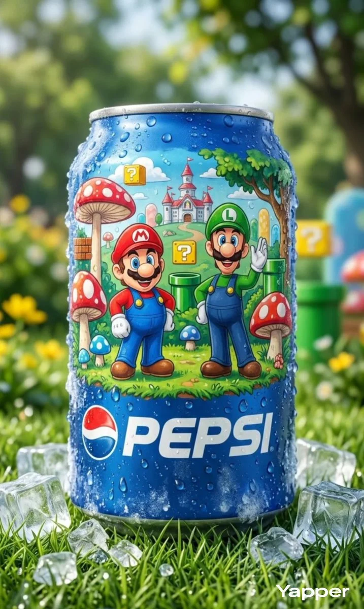 Chilling ice-cold Pepsi linked with Mario, laid out on a grassy lawn