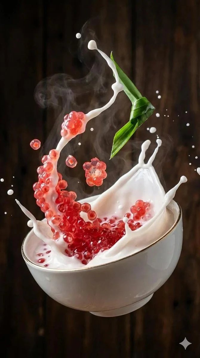 Photographie culinaire hyper-réaliste du moment où le sirop de lait de coco éclate