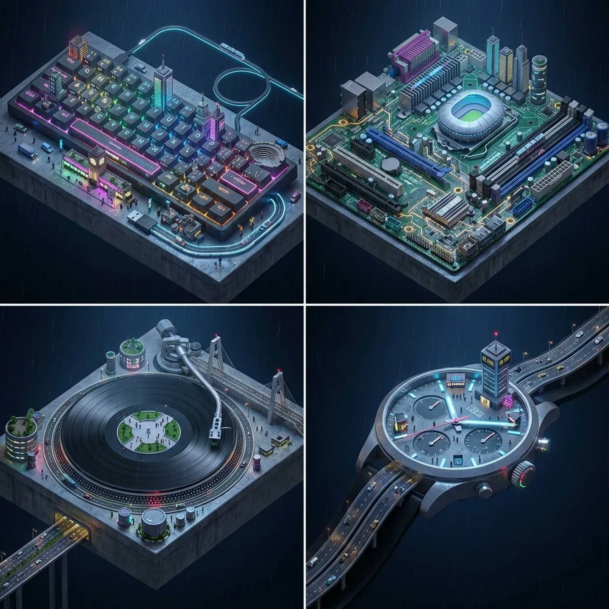 Миниатюрный городской пейзаж в стиле киберпанк с детализированными предметами окружения.