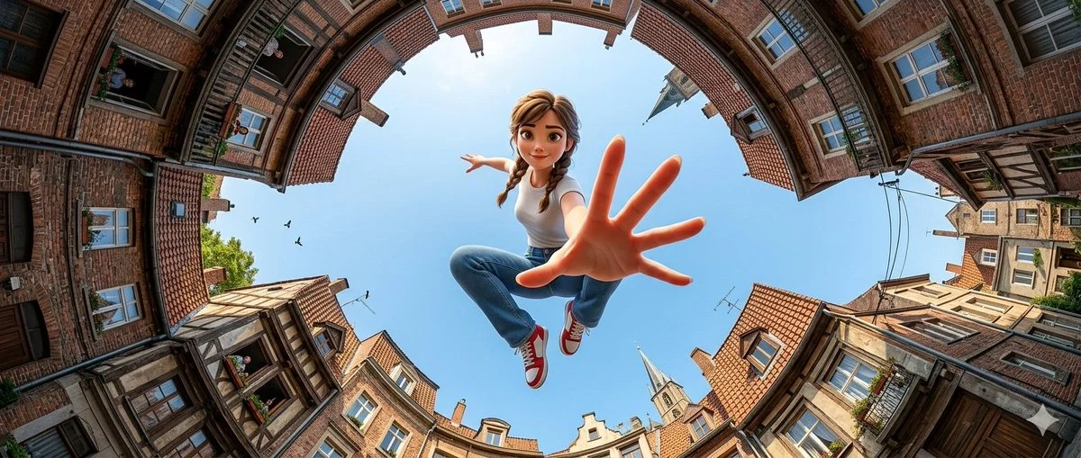 Прыгающая девушка в стиле Pixar под объективом рыбьего глаза.