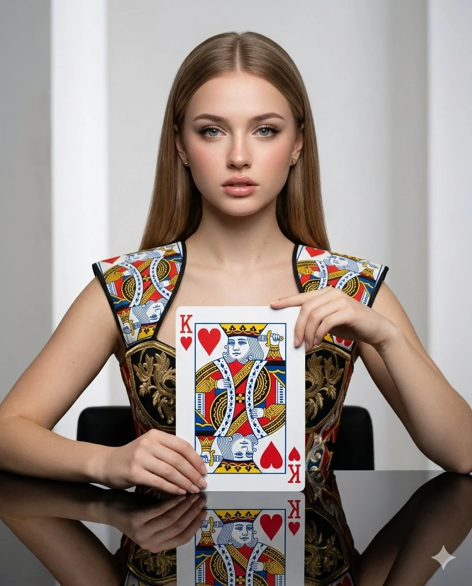 Hyper-realistic conceptual poker card fashion editorial photoshoot.