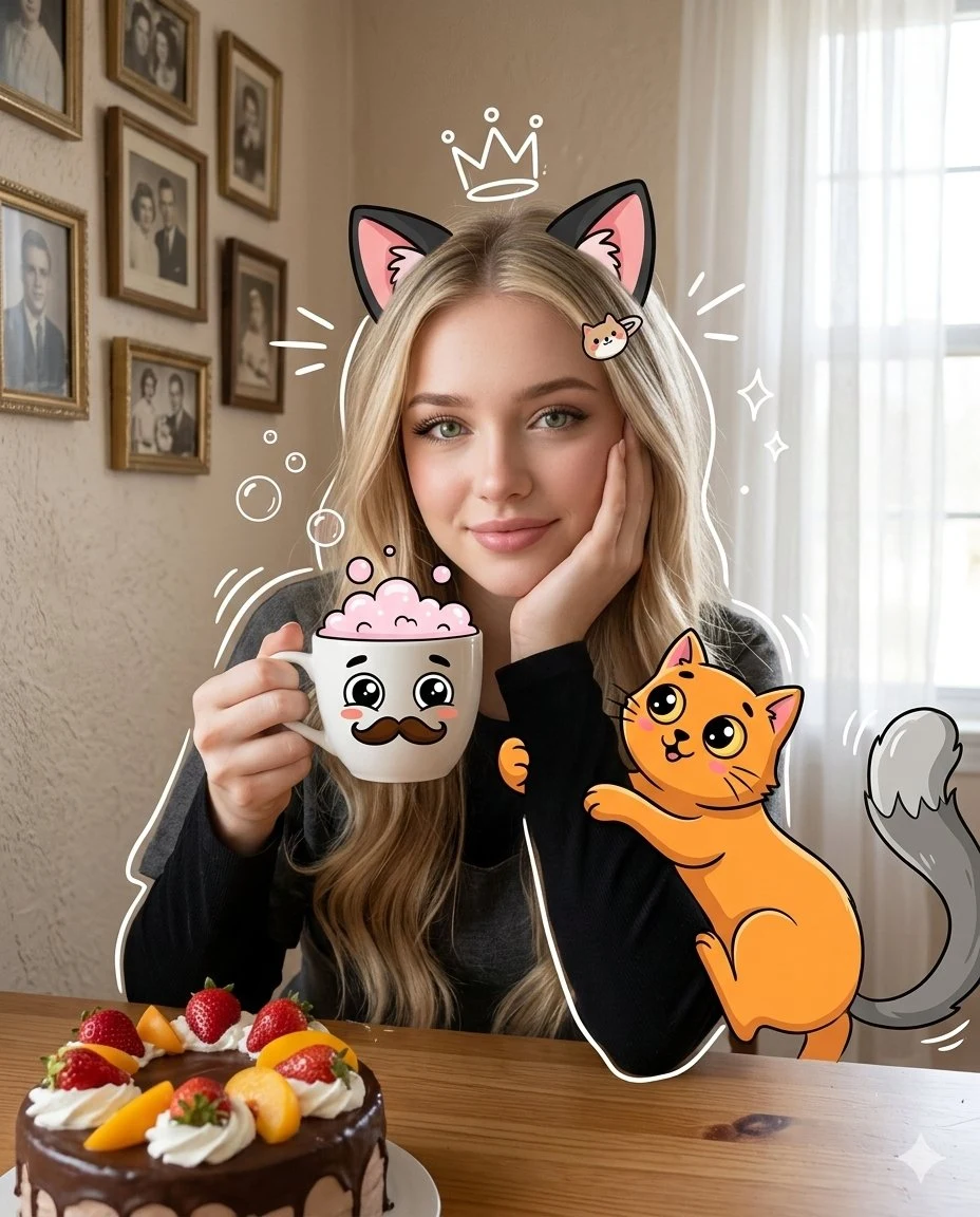 Уютное полдник, когда мечтательная девушка наслаждается компанией милого котёнка в стиле аниме.