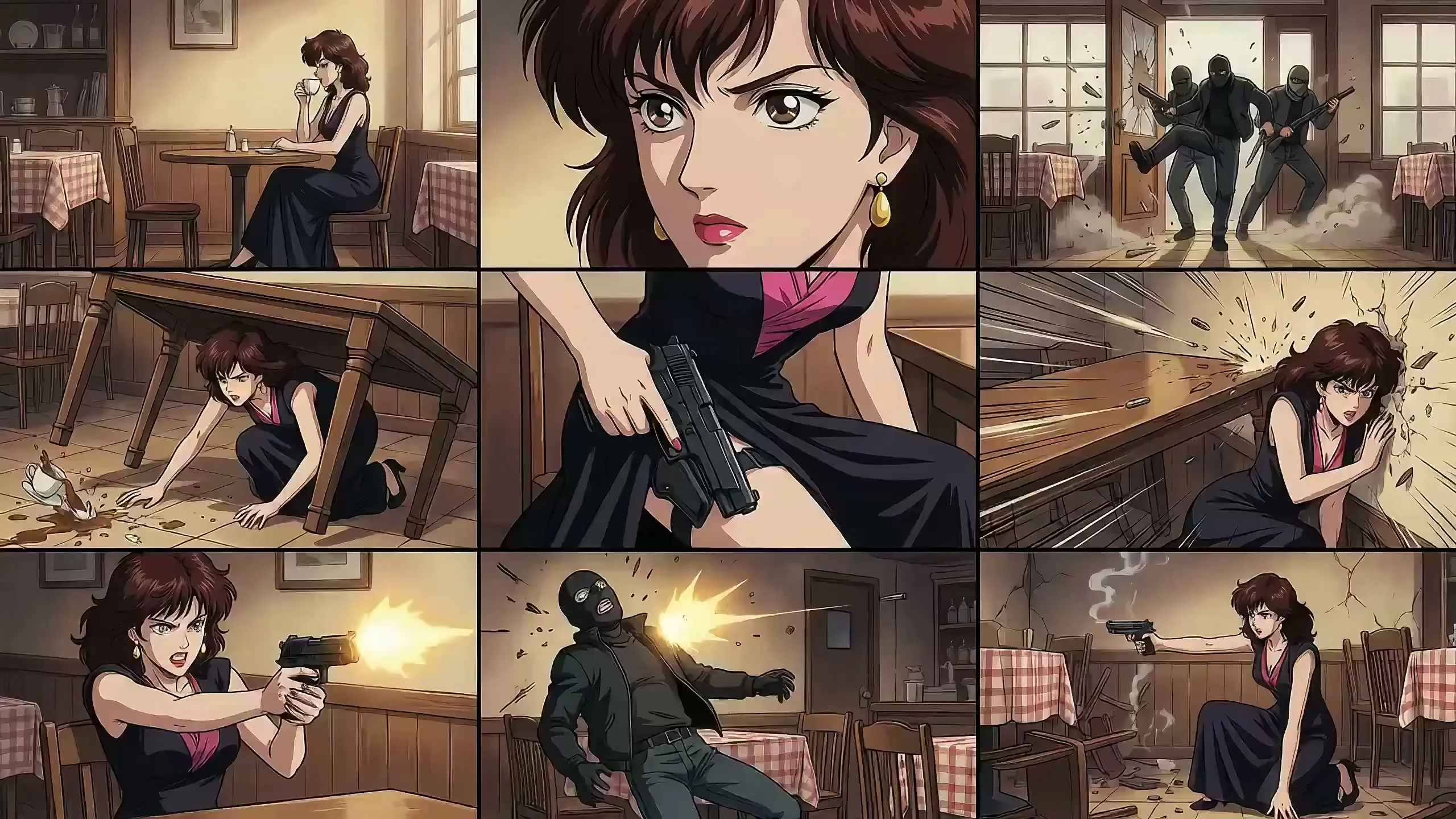 Сцена напряжённого боя в кафе в стиле ретро-аниме 1990-х годов.