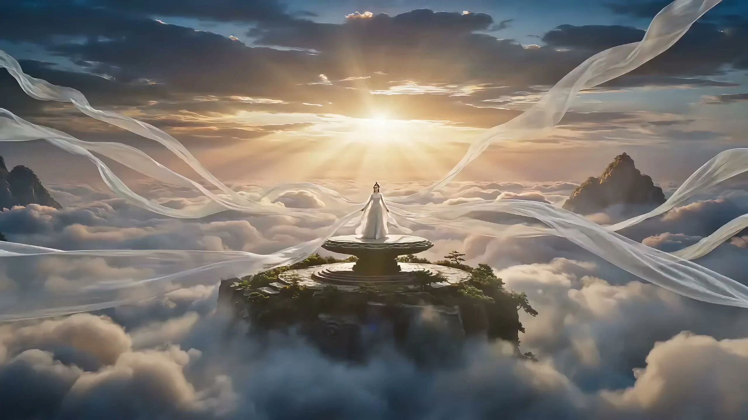 Ethereal dance of celestial maidens on cloud-isles, a breathtaking glimpse of fairy-tale romance.