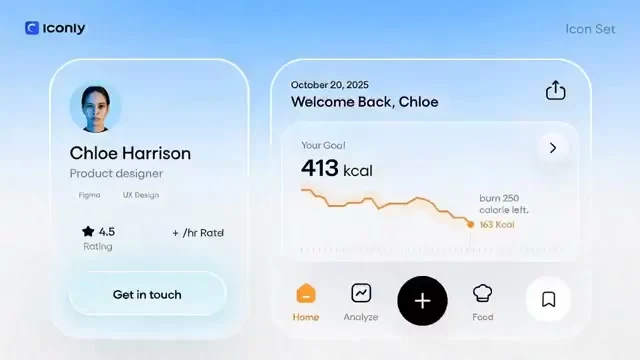 إعلانات تطبيق بأسلوب فلوين، مع حركات ناعمة للزجاج (Mica Glassmorphism).