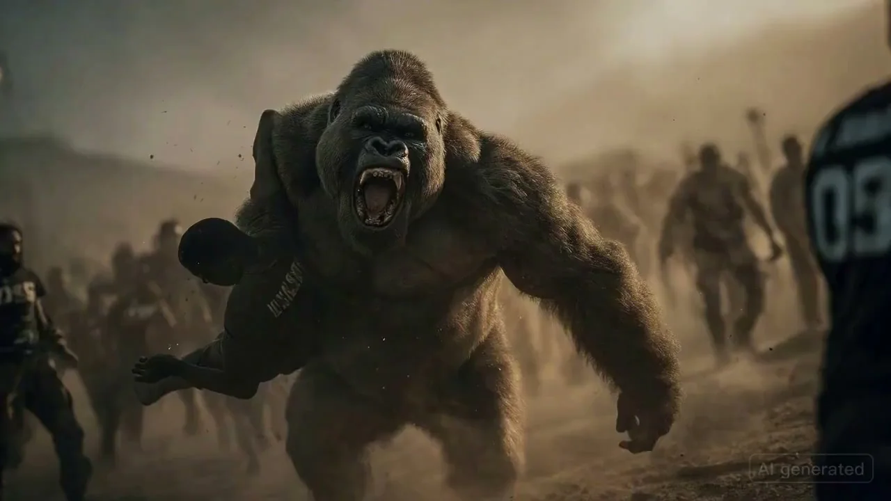 Chimpanzees fighting with a hundred enemies in a stunning movie-level battle.