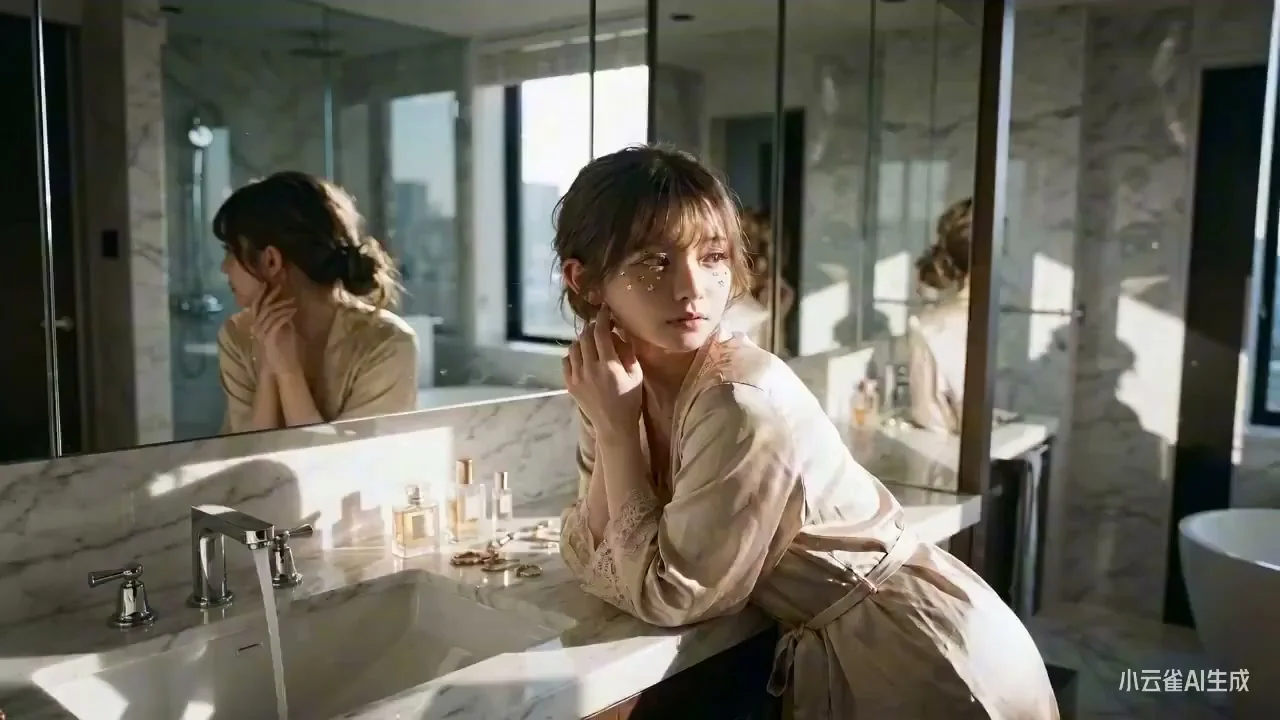 المرآة في حمام مُضاء بالشمس بعد الظهر تُظهر سيدة أنيقة تُعالج مظهرها