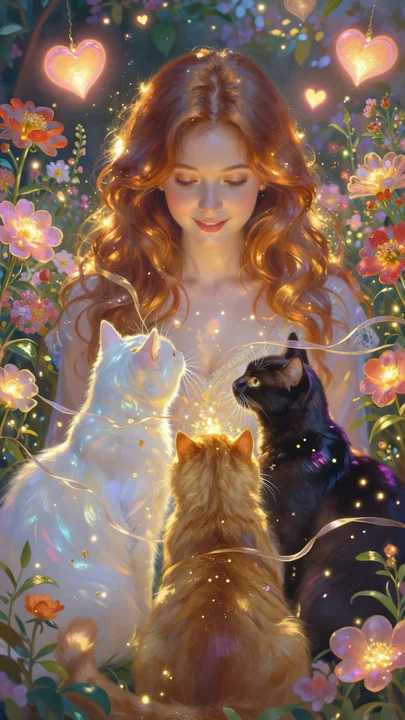 Волшебный сад Дня святого Валентина: рыжеволосая девушка и три кота