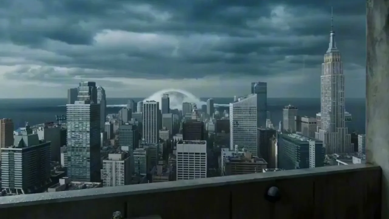 荘厳な塊の魂の球が暗黒の海を突き抜けて都市に迫る