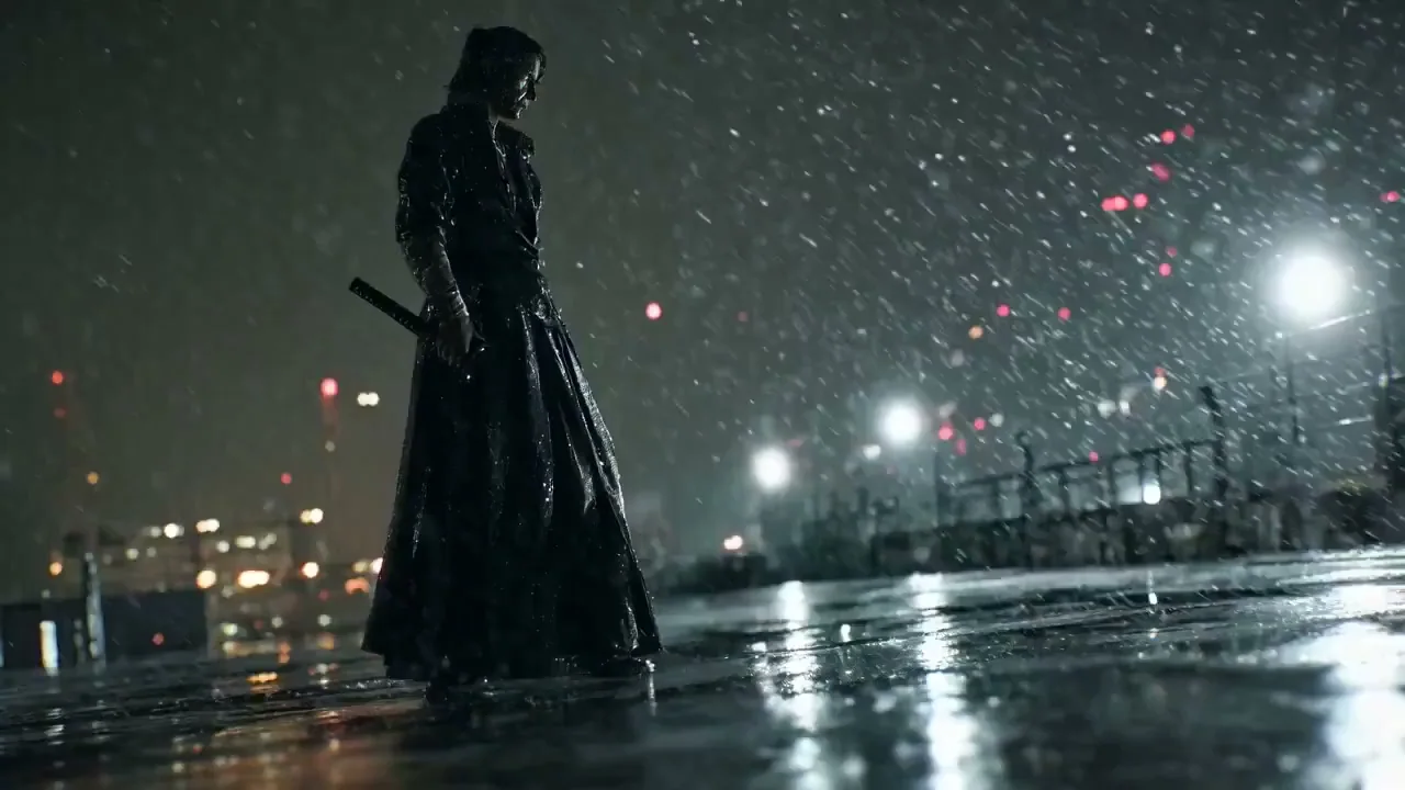 暴风雪夜屋顶伫立的红衣刀锋