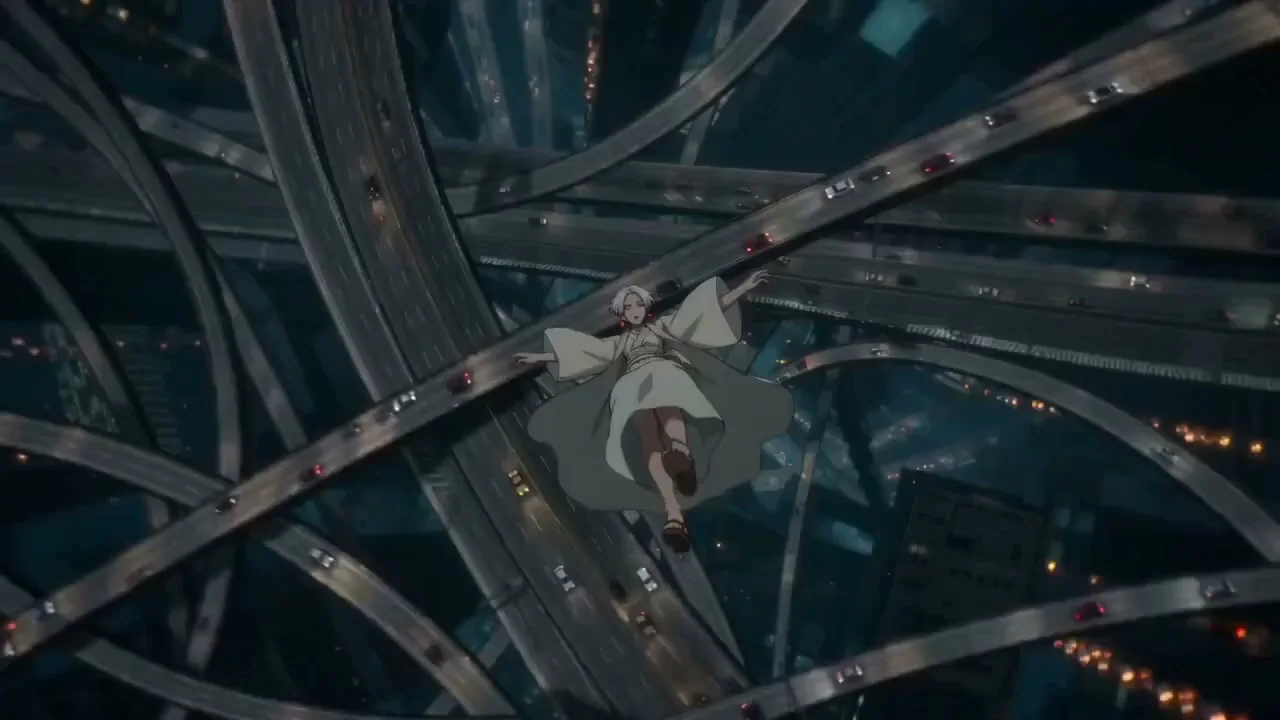 在霓虹灯环绕的车道上翩翩起舞的梦幻坠落