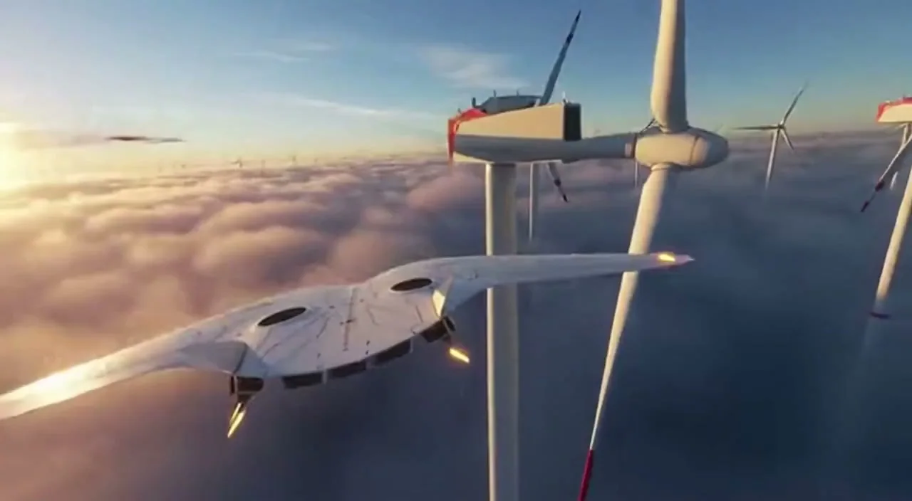 Wind turbines cutting through clouds and mist surround the camera.