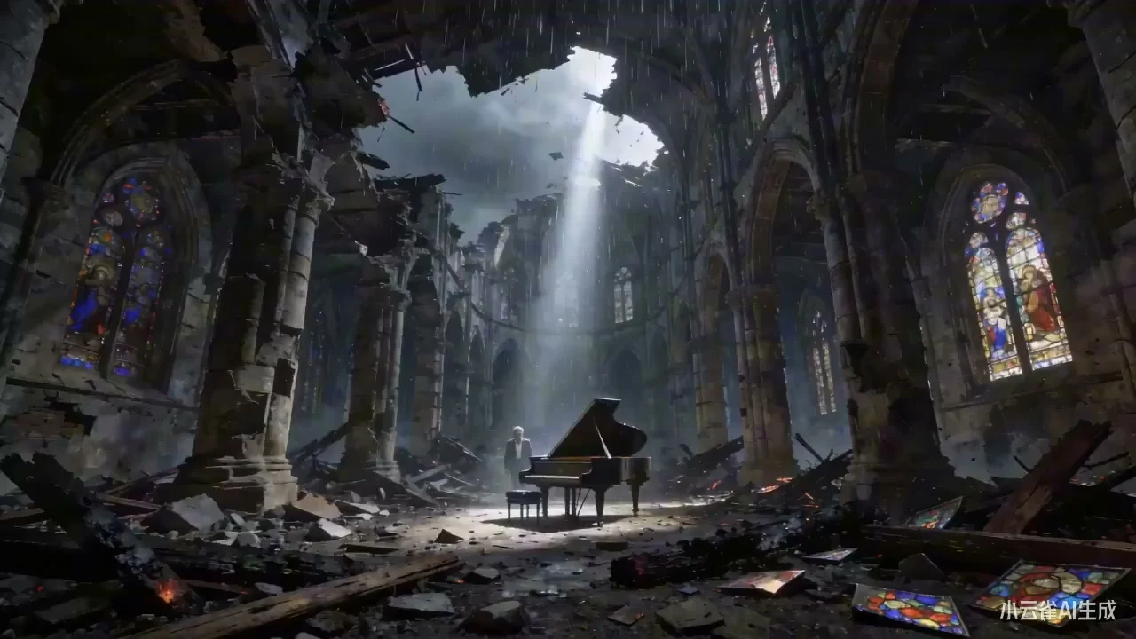 Les sons de la harpe dans les ruines inversent le temps de l'église bombardée