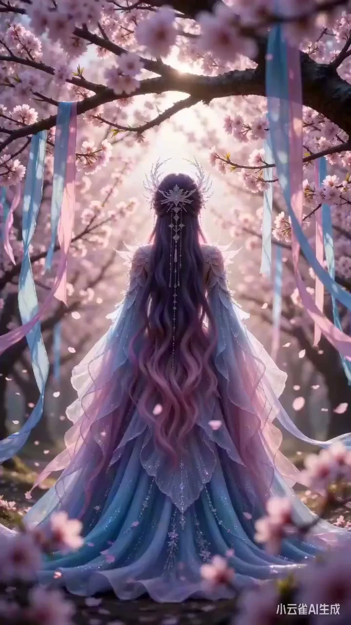 Enchanted Peach Grove Fairy in Purple and Pink Flowing Robes Dancing Gracefully