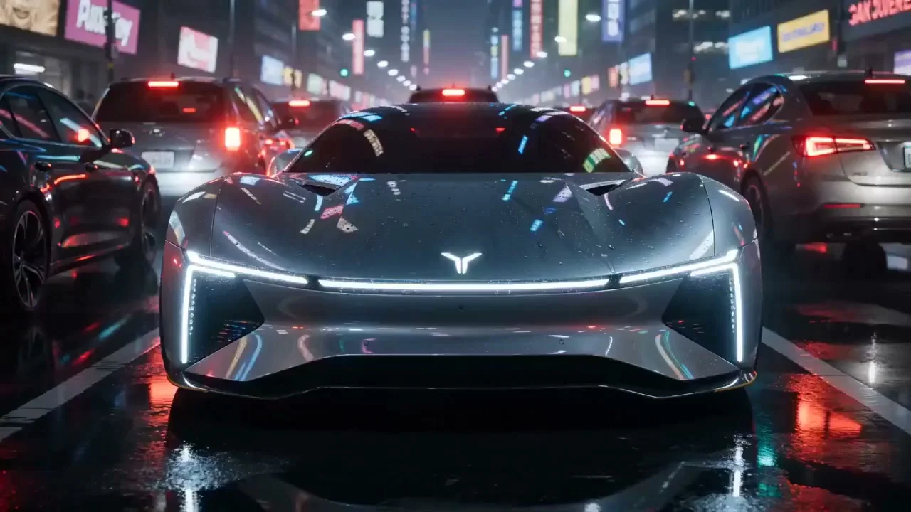 Silver Wings Car in a Cyber Rainy Night