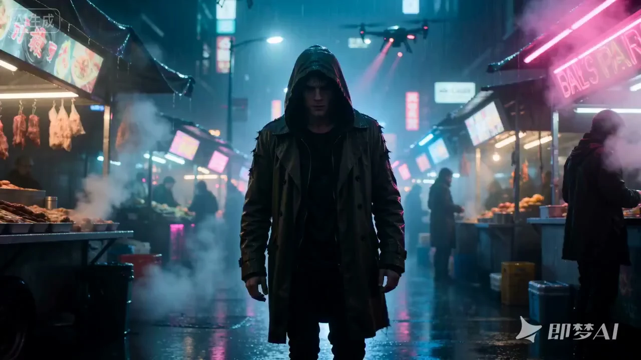 Opération Holographique par un hacker sous la pluie, dans le style Cyberpunk