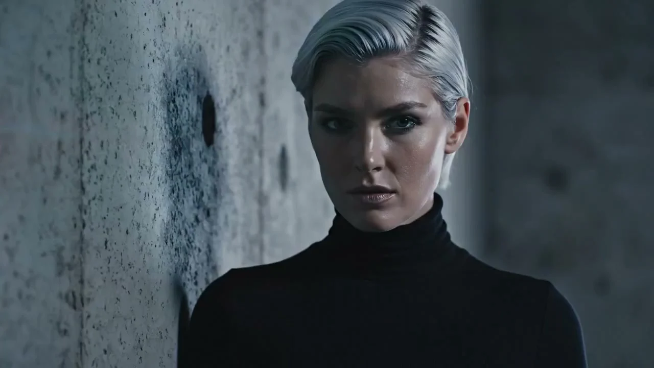 مقربة للعين من فتاة بيضاء الشعر بأسلوب السايبربانك أثناء عملية مسح حمراء اللون.