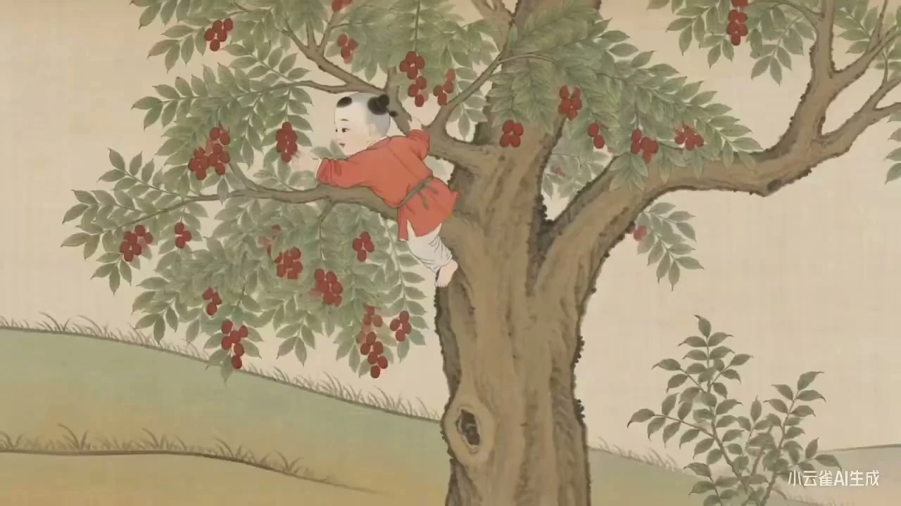 AI 焕彩清代工笔画《东林红雨》