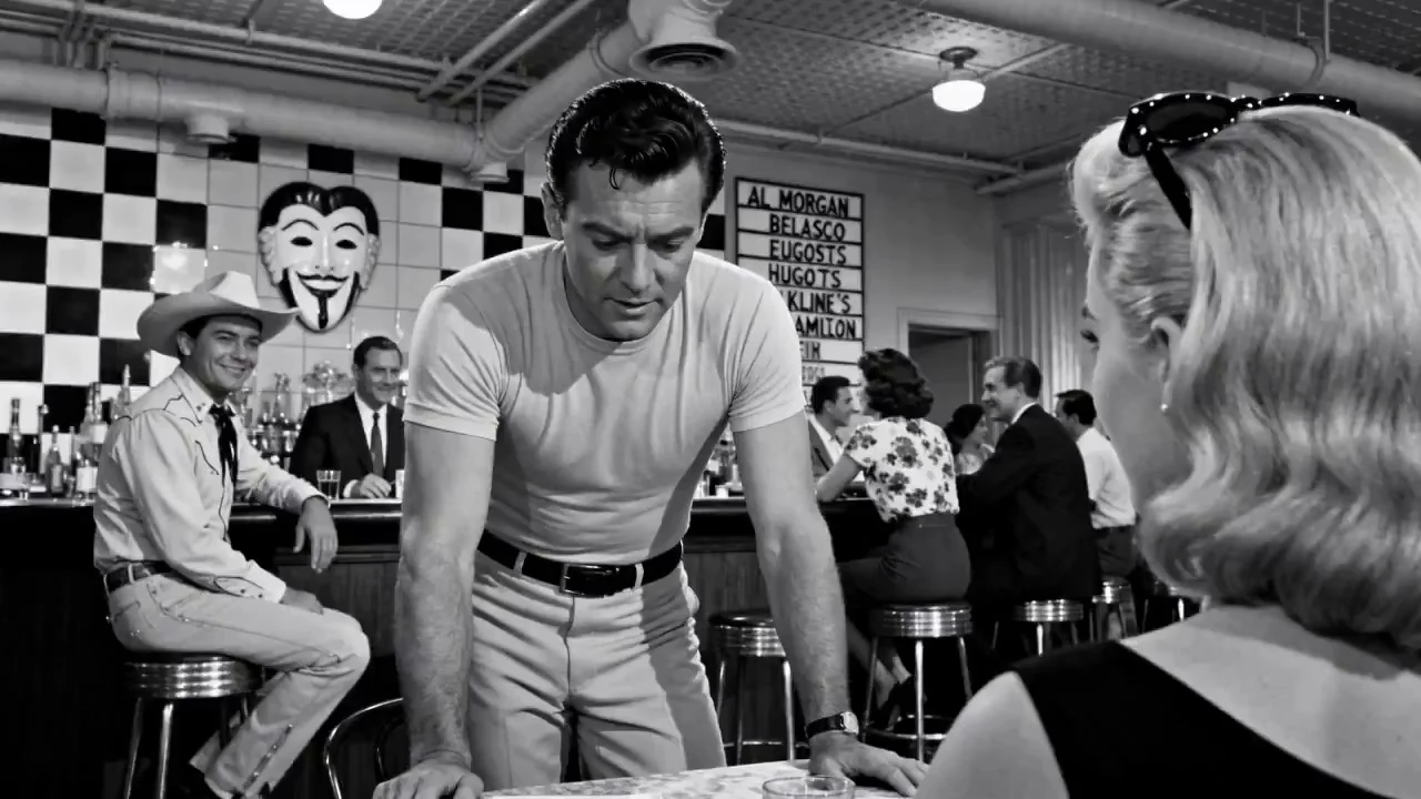 Rencontre avec un restaurant rétro sous les contrastes noir et blanc de la lumière et de l'ombre