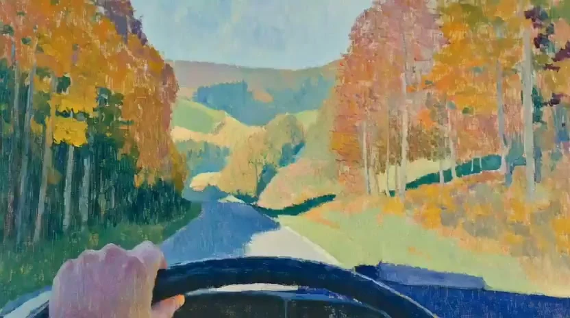Driving oil painting through forested hills