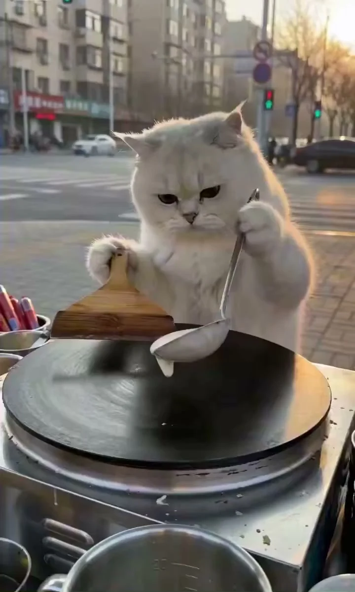 Breakfast at dawn: a chef cat makes pancakes on a street corner stall