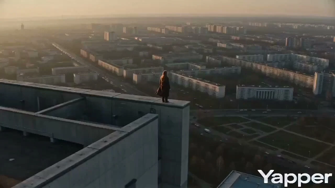 A solitary gaze from an architectural brutalist roof at sunrise